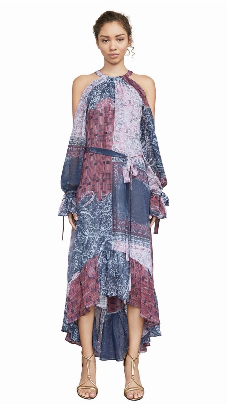 BCBGMAXAZRIA Saige Silk Cold Shoulder Halter Maxi Dress Size S Boho Hi Low